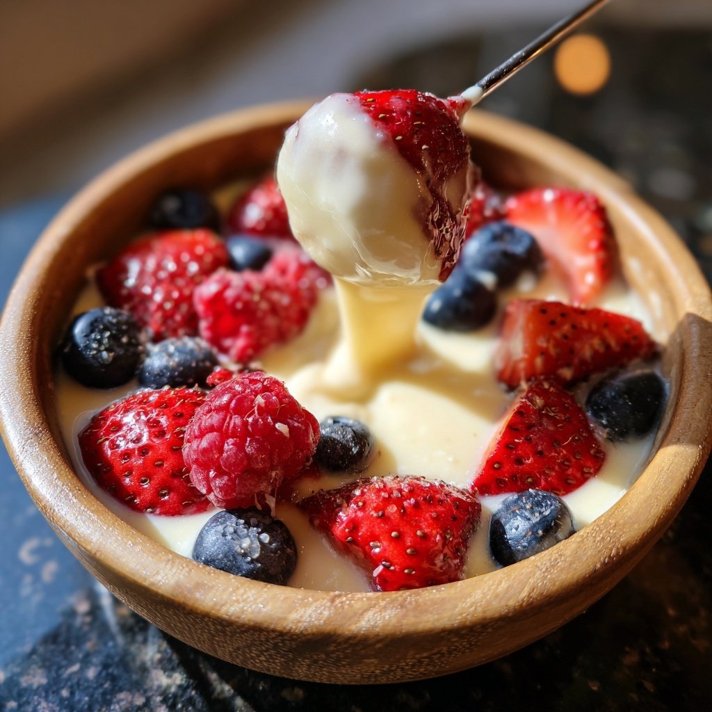 Fondue mit weißer Schokolade und Beeren