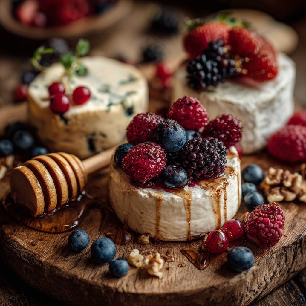 Käseplatte mit Beeren und Honig